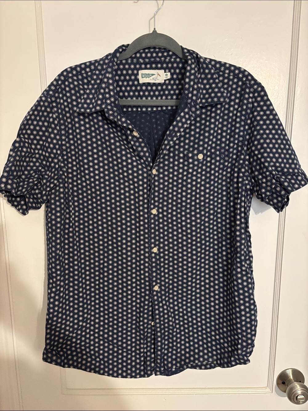 Casual Navy Short-Sleeve Button-Down Shirt with White Dot Print
